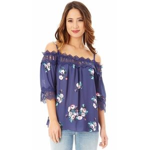 IZ Byer Crochet Off-Shoulder Blue Floral Blouse
